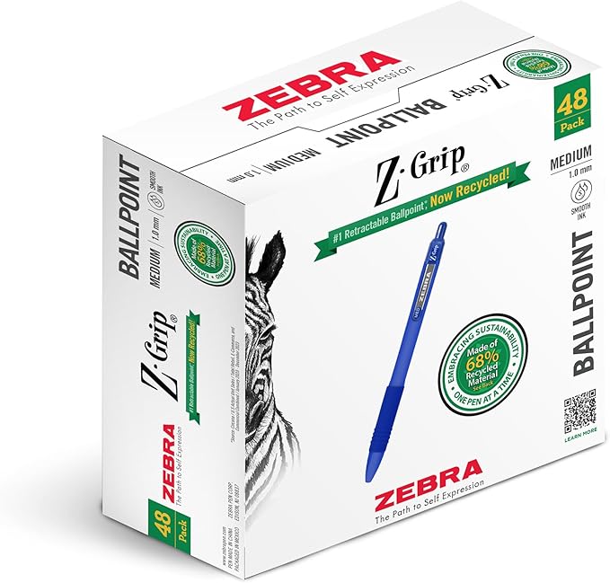Zebra Pen Z-Grip Recycled Retractable Ballpoint Pens, 1.0mm, Blue Ink, Durable Metal Clip, 68% Recycled (GRS Certified; Global Recycled Standards), School & Office Supplies, 48-Pack (20428)