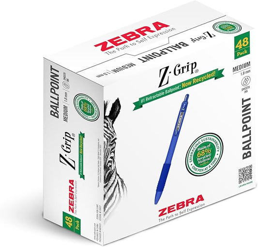 Zebra Pen Z-Grip Recycled Retractable Ballpoint Pens, 1.0mm, Blue Ink, Durable Metal Clip, 68% Recycled (GRS Certified; Global Recycled Standards), School & Office Supplies, 48-Pack (20428)