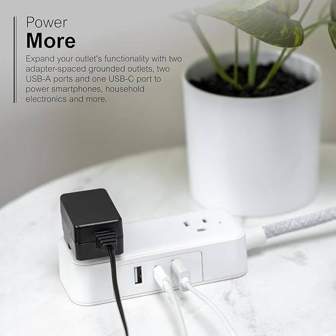 GE Flat Plug Power Strip Extension Cord with USB Ports, Travel Power Strip with 2 Outlets 3 USB Ports, Cruise Ship Essentials, 6 Ft Braided Small Extension Cord Flat Wall Plug, ETL Listed White, 81597