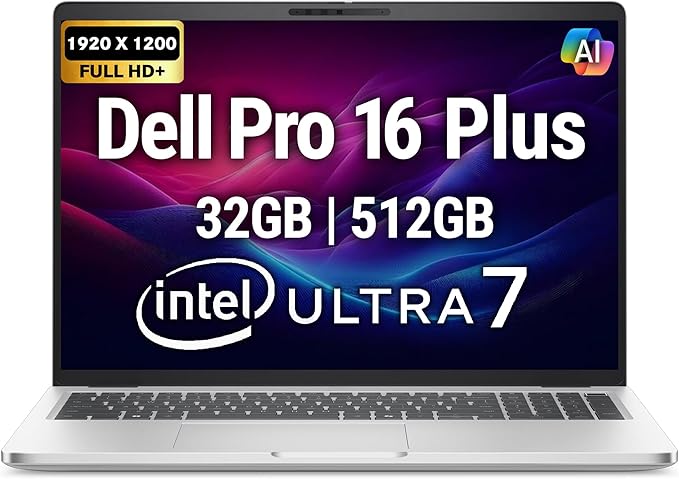 Dell Pro 16 Plus PB16250 (Replaces Latitude 5550) AI Business Notebook 16" FHD+ Intel Ultra 7-265U, 32GB DDR5 RAM, 512GB SSD PCIe, Wi-Fi 6E, BT, Backlit Keyboard, HD Webcam, RJ-45, Win 11 Pro - Silver