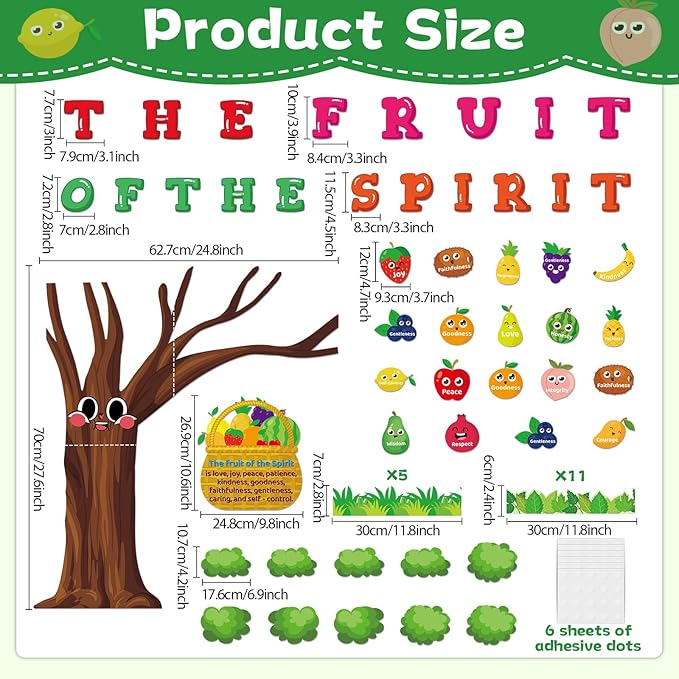 Fruit of The Spirit Bulletin Board Set Christian Classroom Decoration Religious Paper Cutouts Bibles Bulletin Board Border for Church Sunday Back to School Chalkboard Wall Decor Teacher Supplies