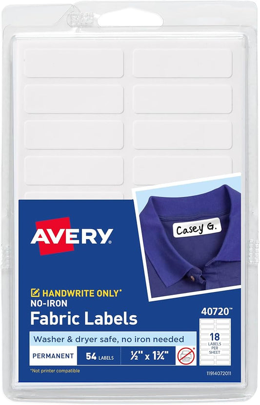 Avery No-Iron Fabric Labels, 1/2" x 1-3/4", Washer and Dryer-Safe Waterproof Labels, Non-Printable, 54 Total (40720)