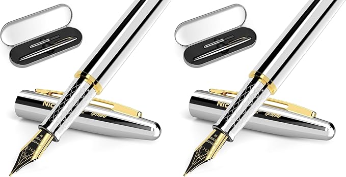 Nicpro Fountain Pen Set with Box, Classic Silver-Gold Fancy Pen with Converter, 0.7mm Medium Nib Smooth Writing Calligraphy, Office, Business, Luxury Gift Pen (Pack of 2)