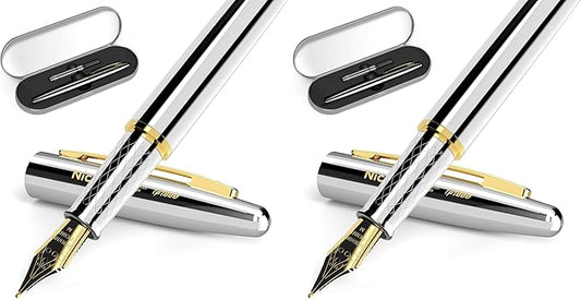 Nicpro Fountain Pen Set with Box, Classic Silver-Gold Fancy Pen with Converter, 0.7mm Medium Nib Smooth Writing Calligraphy, Office, Business, Luxury Gift Pen (Pack of 2)
