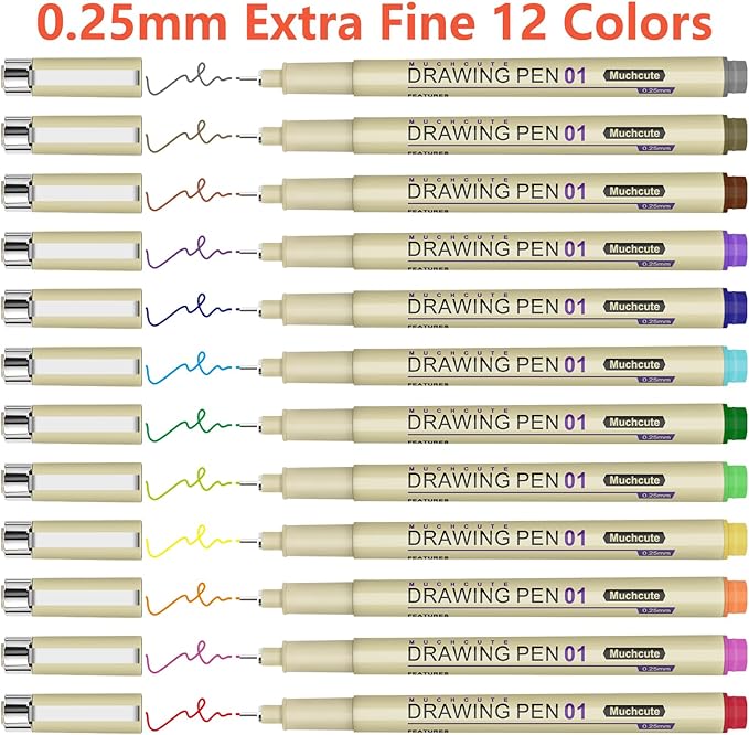 Muchcute 01 Micro Fineliner Drawing Art Pens: 12 Colors 0.25mm Extra Fine Point Bible No Bleed Smooth Journal Zentangle Study Supplies Colored Waterproof Line Ultra Needle Tip Fine liner Thin Gel Felt