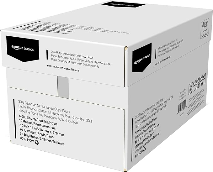 Amazon Basics 30% Recycled Multipurpose Copy & Print Paper, 8.5 x 11 Inches, 20 lb Weight, 92 Bright, White, FSC Certified, 5000 Sheets (10 Reams)