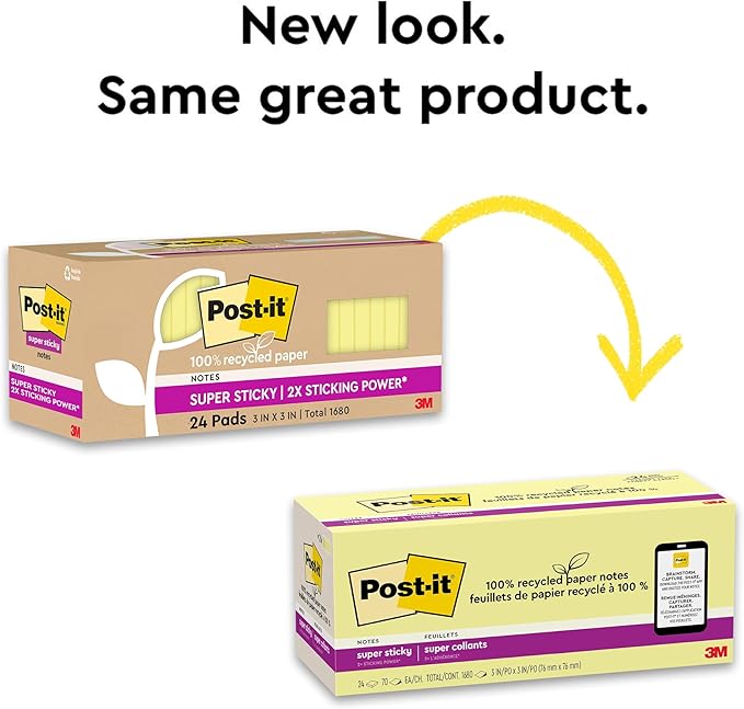 Post-it 100% Recycled Paper Super Sticky Notes, Canary Yellow, 3 in. x 3 in., 24 Sticky Note Pads, 70 Sheets per Pad, New Year Organization or Second Semester School Supplies