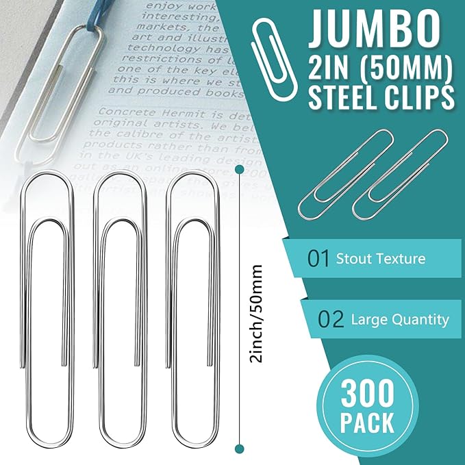 300 Pcs Large Paper Clips, 2 Inch Jumbo Paperclip, Stainless Steel Paper Clips Large, Silver Paperclips for Home, School, Office Supplies