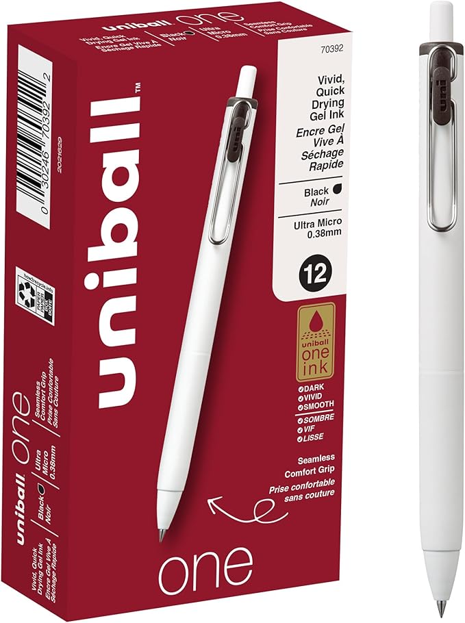 Uniball One Gel Pen 12 Pack; 0.38mm Ultra Micro Black Pens; Gel Ink Pens | Office Supplies Sold by Uniball are Pens; Ballpoint Pen; Colored Pens; Gel Pens; Fine Point; Smooth Writing Pens