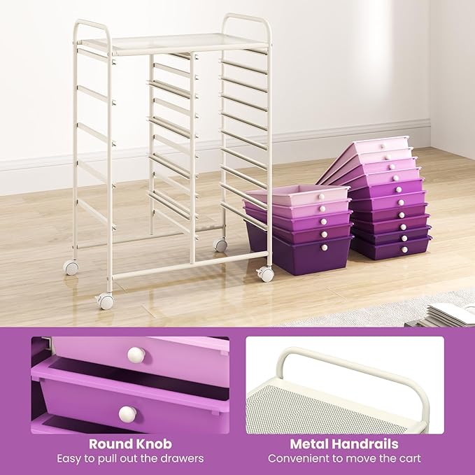 COSTWAY 15 Drawer Rolling Storage Cart, Mobile Utility Cart with Lockable Wheels, Drawers, Multipurpose Organizer Cart for Home, Office, School, Gradient Purple