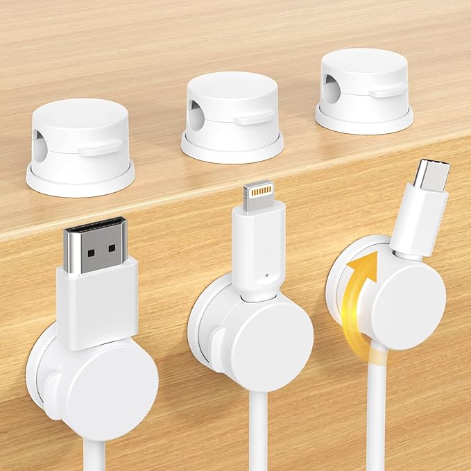 Swiveling Cord Holder, Magnetic Cord Organizer, Inchor Cable Organizer for Desk, 6 Pack Cable Clips for Nightstand, Adhesive Cable Holder Cable Management Clips for Car Home Office (White)