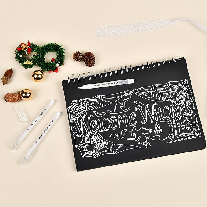 HNIHUY 0.6/0.8/1.0mm Fine Point White Gel Pens, 3 Pack for Artists Drawing, Sketching, Illustration, Adult Coloring Books. Opaque White Ink for Black Paper, Bullet Journaling, Card Making