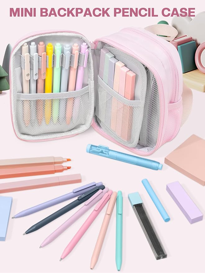 51 PCS Aesthetic School Supplies with Cute Pencil Case, 12 Pastel Highlighters, 8 Quick Dry Retractable Black Ink Pens, 6 Pastel Mechanical Pencil Student Stationary Bible Study Supplies (Pink)