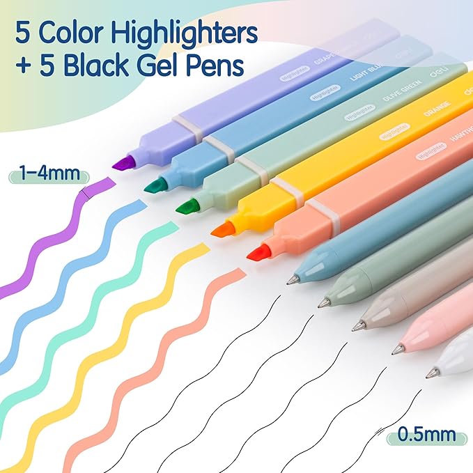 deli Aesthetic Highlighters And Gel Pens,10 Pack, No Bleed Bible Highlighters, Assorted Color, Black Ink Gel Pens, Dry Fast For Bibles Journaling Planner Notes