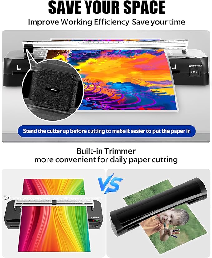 Laminator, A3 Laminator Machine with Built-in Trimmer, 70 Seconds Quick Warm-Up, Cold and Thermal Laminating with 50 Sheets, NTC Technology for Home Office School