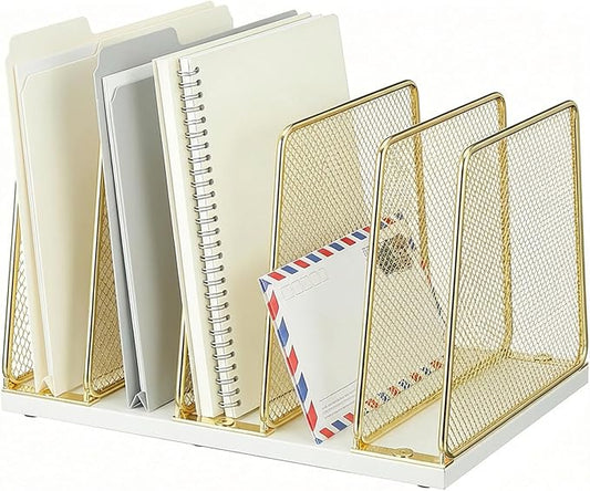 AUPSEN 5-Section Wooden Desktop File Organizer, File Sorter Storage Rack, Vertical File Holder for Office Supplies, Gold