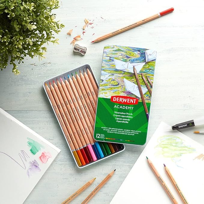 Derwent Academy Watercolor Pencils, 3.3mm Core, Metal Tin, 12 Count (2301941)