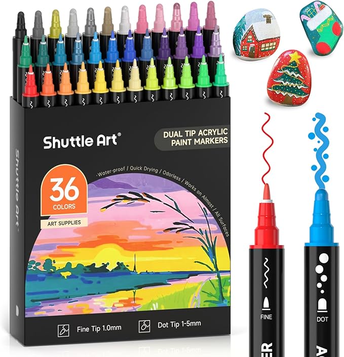 Shuttle Art 36 Colors Dual Tip Acrylic Paint Markers, Dot Tip and Fine Tip Acrylic Paint Pens for Rock, Ceramic, Wood, Canvas, Plastic, Glass, Stone, Calligraphy, Card Making, Crafts & Nail Art