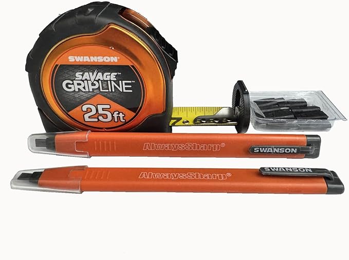 Swanson Tool Co SVGL25M1/CP216 Value Pack featuring a 25 Foot Gripline Tape Measure and 2 Mechanical Pencils with Black Graphite Replacement Tips