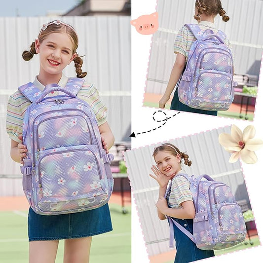 Girls Backpack with Lunch Box for Elementary Middle School,17 Inch Purple Lightweight School Backpack with Lunch Bags Set for Girls