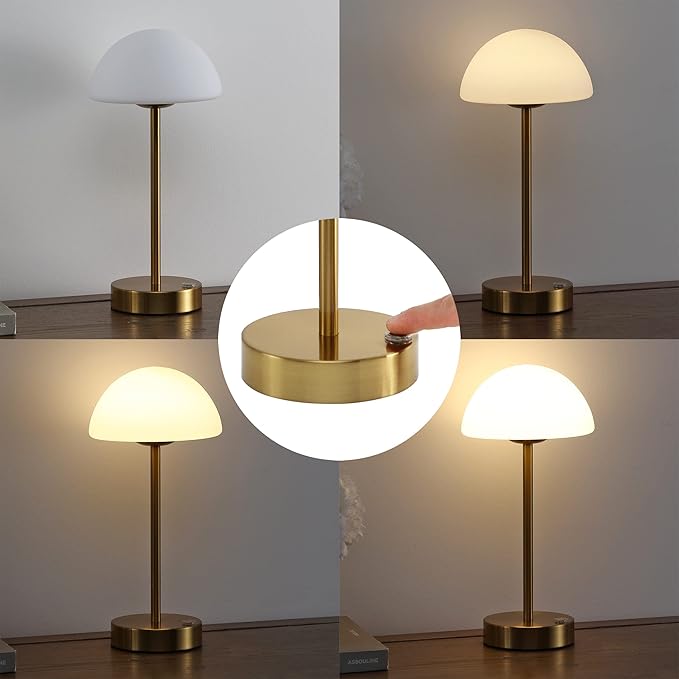 JONATHAN Y 12.5" Brass Gold/White Modern Rechargeable Portable LED Table Lamp, Cordless Dimmable Touch Accent Lamp with White Frosted Glass Shade for Bedroom Living Room Bar Vanity (JYL7109C)