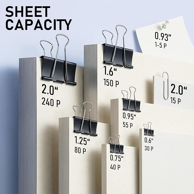 408 PCS Binder Clips Paper Clamps Assorted Sizes and Push Pins, Binding Paperwork Clamp Bulk, School Teachers Office Supplies (Black)