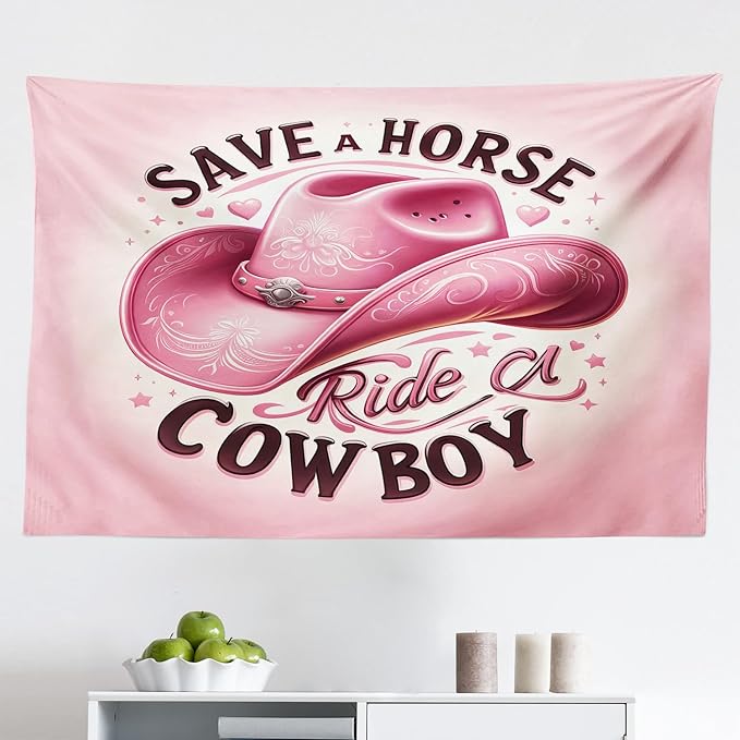 Ambesonne Funny Tapestry, Humorous Feminine Design with Hat and Save a Horse Ride a Cowboy Lettering, Fabric Wall Hanging Decor for Bedroom Living Room Dorm, 45" X 30", Pink and Seal Brown