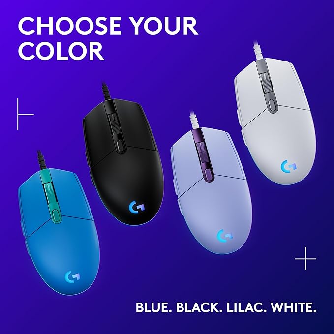 Logitech G203 Wired Gaming Mouse, 8,000 DPI, Rainbow Optical Effect LIGHTSYNC RGB, 6 Programmable Buttons, On-Board Memory, Screen Mapping, PC/Mac Computer and Laptop Compatible - White