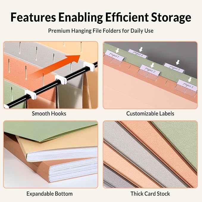 SUNEE 25 Count Hanging File Folders, Pastel Colors, Hanging File Folders Letter Size, Hanging Folders with 1/5-cut Tabs, Designed for Bulky Files, Filing Cabinets, Medical Charts