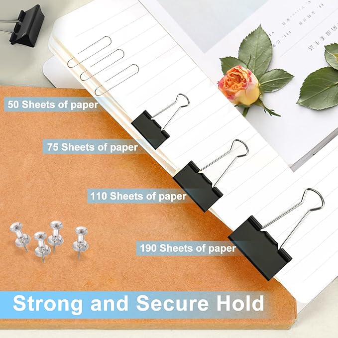 Paper Clips and Binder Clips Office Supplies Paperclips Assorted Sizes, 240 PCS Black Office Clips Paperclips and Binder Clips Set, Small Binder Clip Cute Binder Clip Push Pin Paper Clamp Thumb Tack