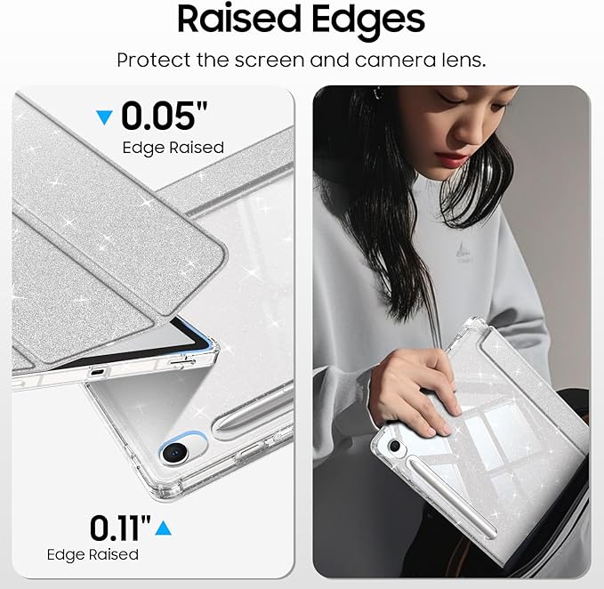 Fintie Slim Case for Samsung Galaxy Tab S10 Lite/ S10 FE/ S9 FE 5G 10.9 Inch/Tab S9 11 Inch with S Pen Holder, Glittering Sparkly Shockproof Cover with Shiny Clear Back Shell, Auto Wake/Sleep, Silver