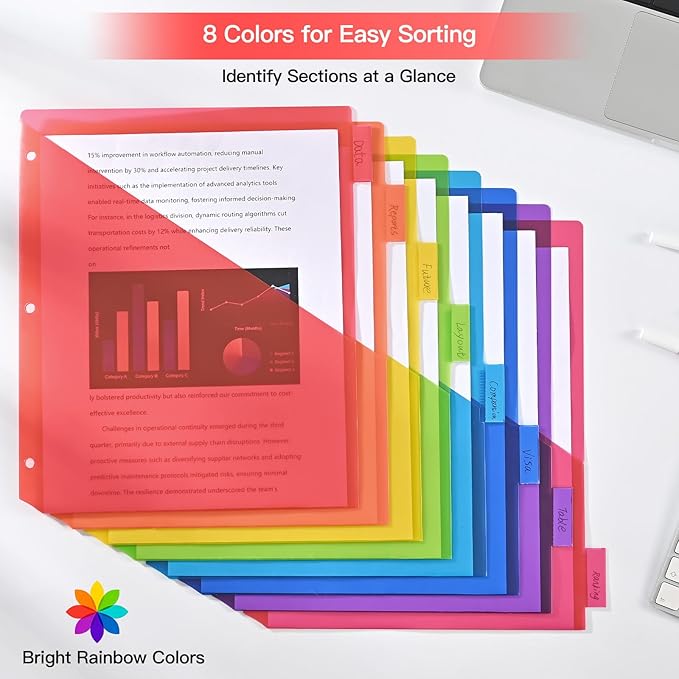 SUIN 8-Tab Insertable Binder Dividers with Double Pockets - Translucent Plastic Page Separators for 3 Ring Binder, Front & Back Storage, Durable Poly, Letter Size, Rainbow Colors, 2-Pack