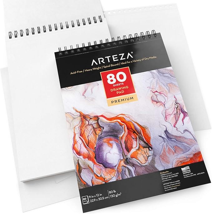 ARTEZA Drawing Paper Pad, 9 x 12 Inches, Pack of 1, 80 Sheets, Spiral Bound Artist Drawing Books, Durable Acid Free White Sketch Paper
