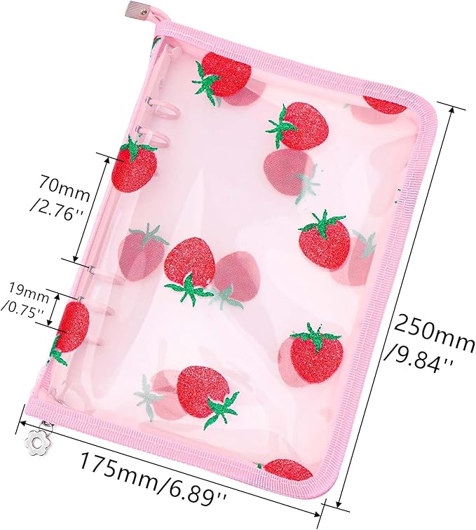 AxeWoodz Pink A5 Zipper Binder Clear Refillable Notebook Shell Cute Strawberry Lace Cover 6 Ring PVC Binder Cover for Photocard Planner Journal Photo Album