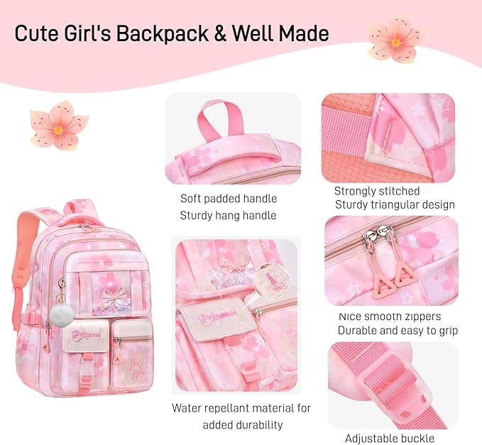Kids Backpack School Bags for Girls, Cute Princess Backpack Multi-pocket Elementary School Students Bookbag for Girls, Pink