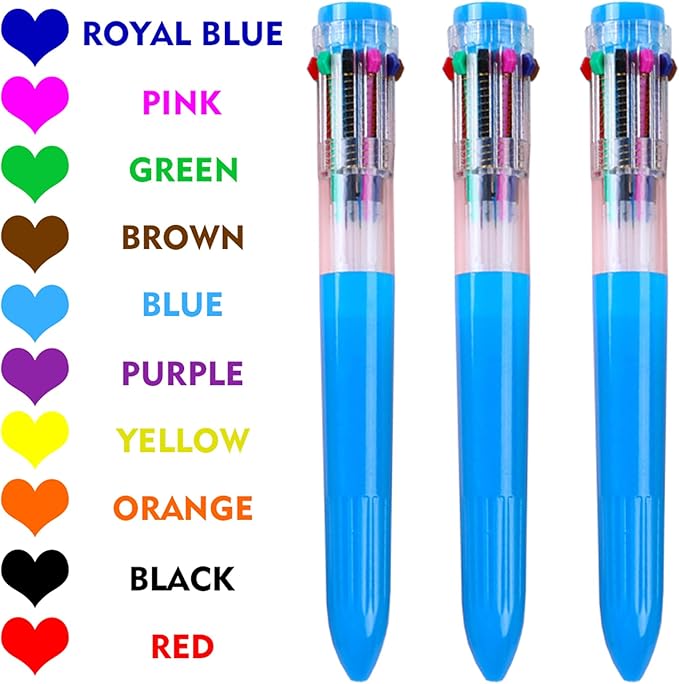 HeTaoCat Multicolor Pens 3 Pack 0.5mm 10-in-1 Retractable Ballpoint Pens - 10 Colors Transparent Barrel Ballpoint Pen for Office Supplies (Blue)