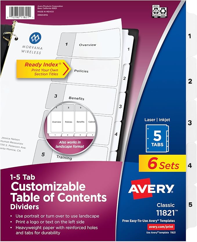 Avery Dividers for 3 Ring Binders, 5 Tabs per Set, Customizable Table of Contents, Classic White Tabs, Great for Organizing Reports, Projects, and More (6 Sets of 11821)