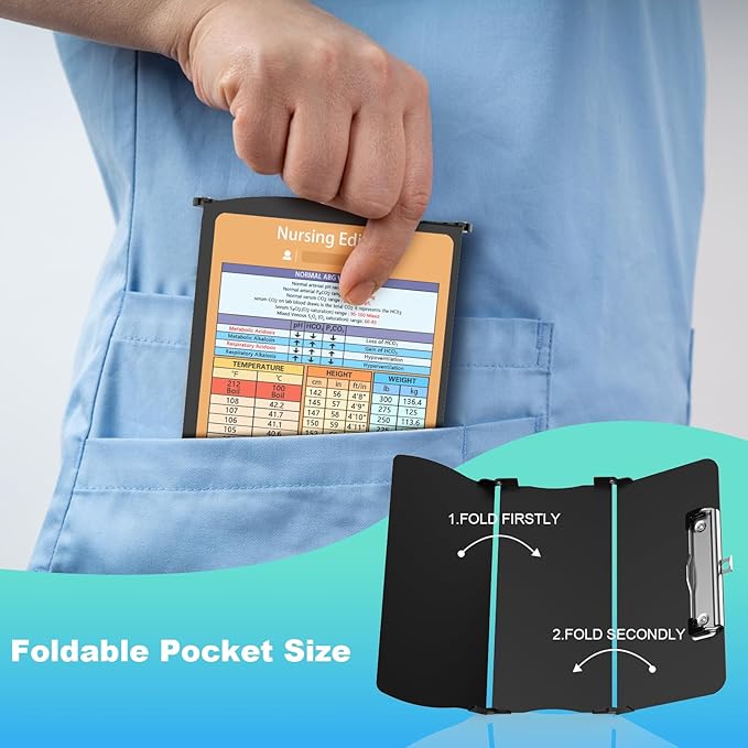 Clipboards Nursing Clipboard Trifold Foldable, 3 Layers Aluminum Nurse Clipboards with Nursing Edition Cheat Sheets Folding Pocket Size for Students, Nurses and Doctors (Black)