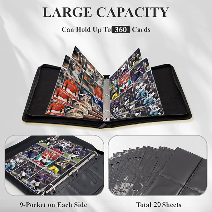 Trading Card Binder, 3-Ring 9-Pocket Zipper Binder for Baseball Cards, Sports Cards, TCG/CCG (MTG, Football, Basketball), 20 Black Leatherette Sheets, Side Load (Yellow, O-Ring)