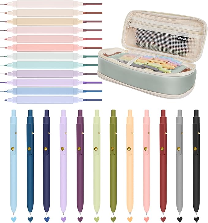 25PCS Aesthetic School Supplies with Big Capacity Pencil Case, 12pcs Bible Highlighters & 12pcs Colored Pens Set, No Bleed Pastel Highlighters Assorted Colors Pens for Bible Study Supplies (Green)