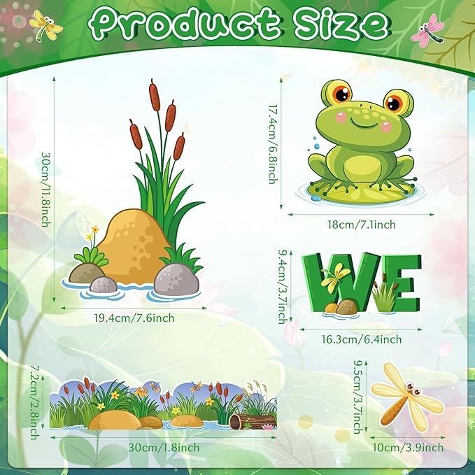 Pasimy 68 Pcs Frog Bulletin Board Set Spring Summer Classroom Decorations Green Jumping Frog Pond Grass Dragonfly Flower Lotus Paper Cutouts Jungle Bulletin Border Trims for Chalkboard School Wall
