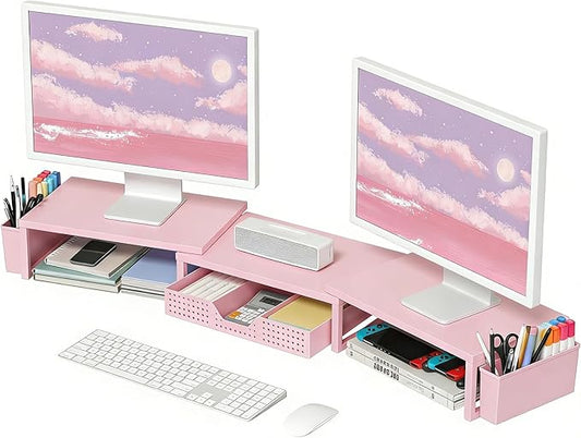 OPNICE Wood Desk Organizers and Accessories, Dual Monitor Stand Riser with Drawer and 2 Pen Holders, Desk Shelf Computer Racks for Office Workspace Organizers, Desktop Organization (Pink)
