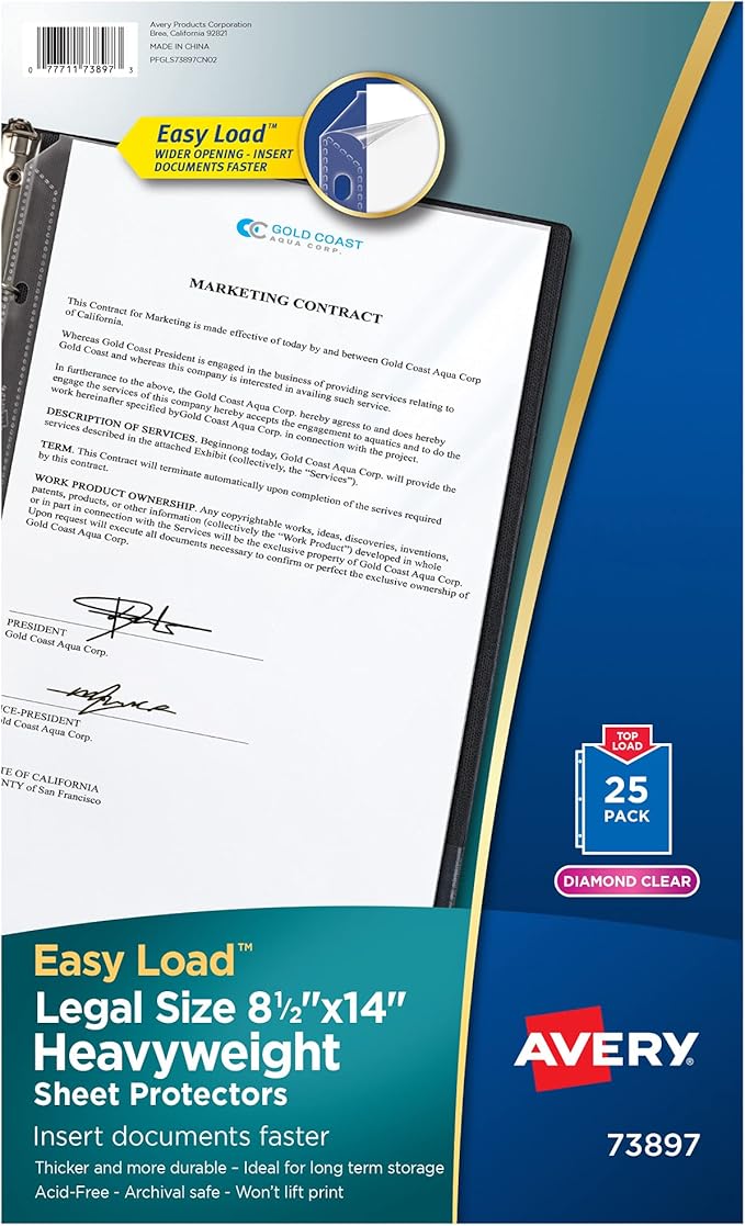 Avery Diamond Clear Heavyweight Sheet Protectors, Holds 8.5" x 14" Sheets, Legal Size, Easy Load, 25ct (73897)