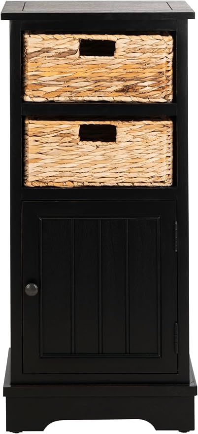SAFAVIEH Home Collection – Connery Distressed Black Storage Cabinet with Rattan Baskets & Bottom Door, Farmhouse Accent Storage, Fully Assembled (AMH5742A)