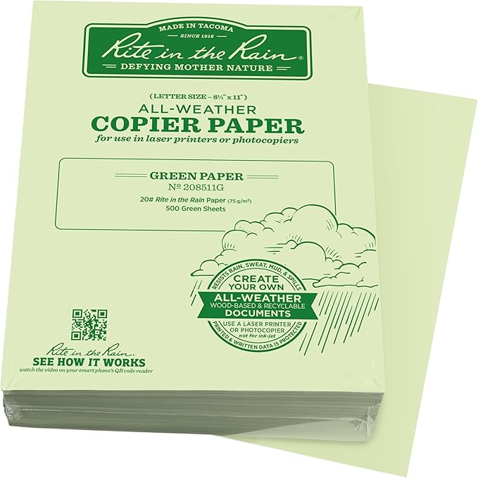 Rite in the Rain Weatherproof Bulk Copier Paper, 8.5" x 11", 20# Green, 500 Sheet Pack (No. 208511G)