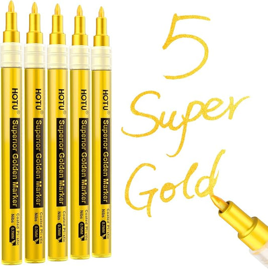 5 Pack Super Gold Paint Markers - Metallic Gold Acrylic Paint Pens Glitter Extra Fine Tip 0.7mm for Black Paper,Wood, Rock Painting, Glass, Fabric
