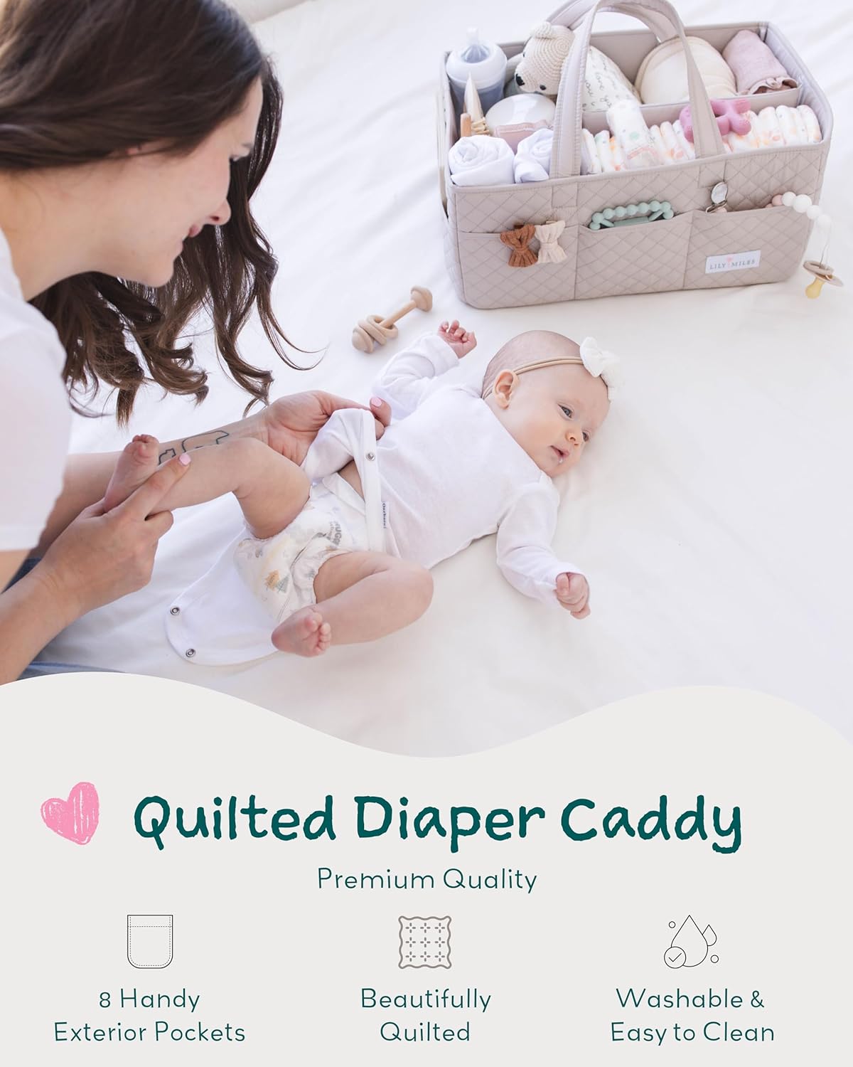 Lily Miles Baby Diaper Caddy Organizer, Quilted Nursery Storage Organizer for Newborn Essentials and Diaper Changing Station, Gift for Baby Shower and Registry Must-Have (Soft Sand)