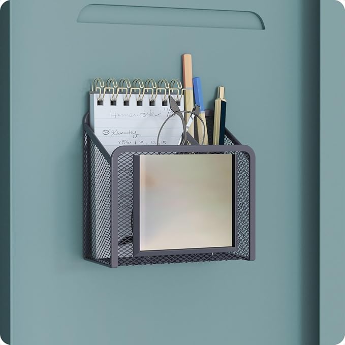U Brands Dusty Black Magnetic Locker Cup with Mirror, Locker Mirror with Pencil Holder, Magnetic Organizer for School Lockers, 5" x 2.4" x 4.75"