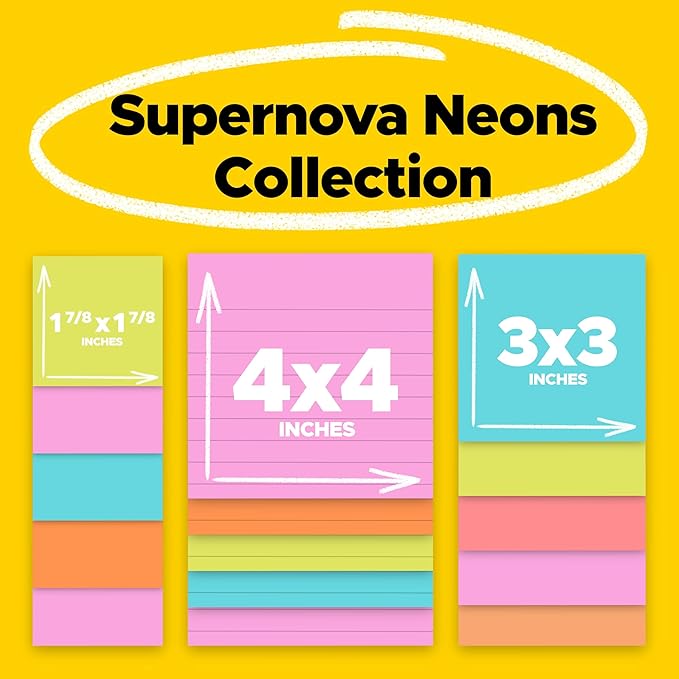 Post-it Super Sticky Notes, 15 Sticky Note Pads, Multi-Size., Ideal for Organization in Your Dorm, Home or Office, 2X The Sticking Power, Supernova Neons Collection