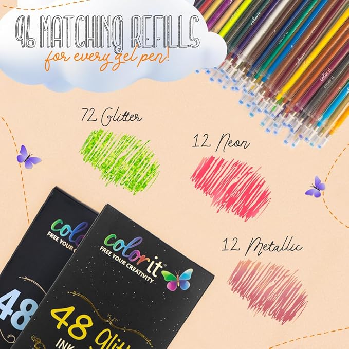 ColorIt Gel Pens Set for Coloring – 192 Pack with 12 Metallic, 12 Neon, 72 Glitter Gel Pens - 96 Refills & 2 Travel Cases - Vibrant Colors for Journaling, Writing, Coloring Books, & Creative Projects